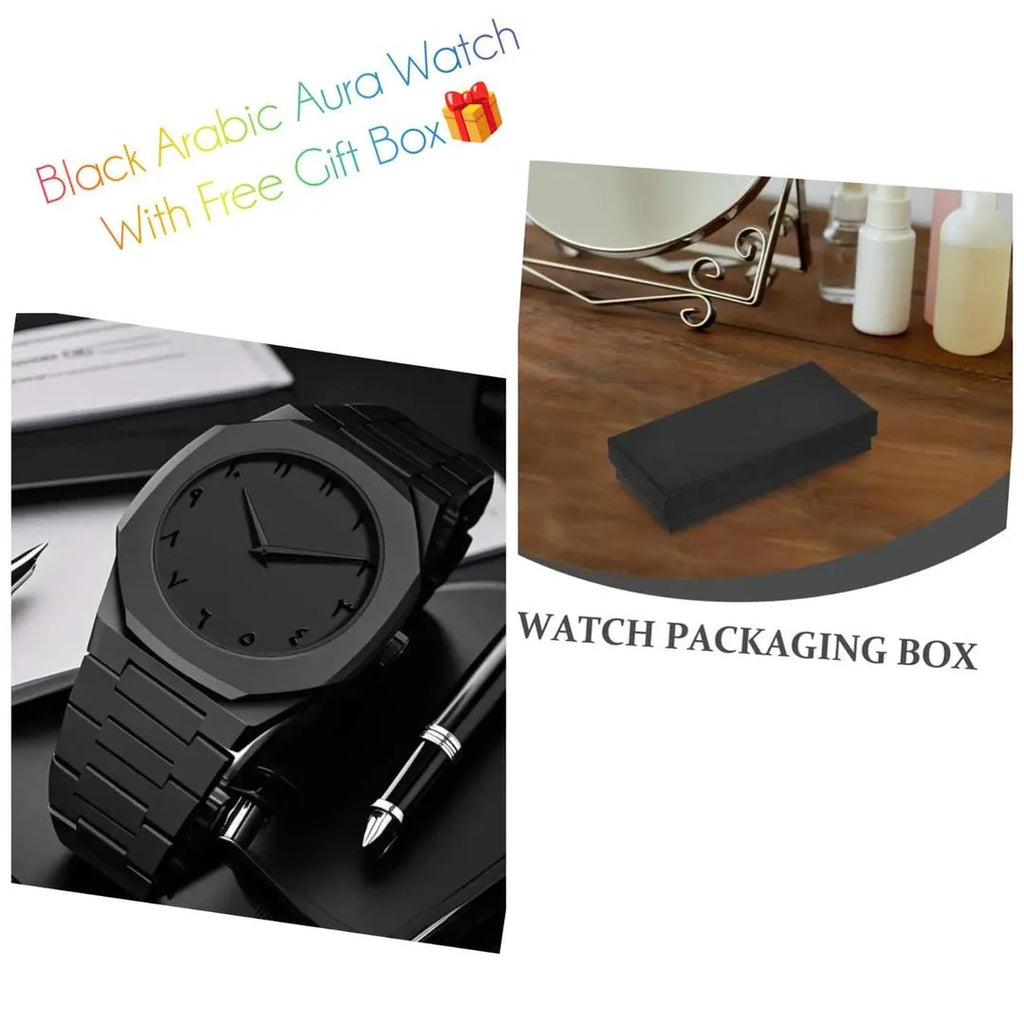 Men Carbon Fiber Black Arabic Aura Watch With Gift Box