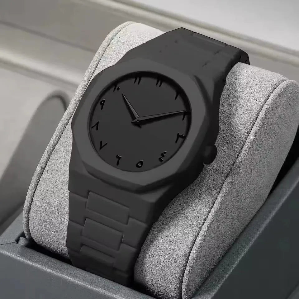 Men Carbon Fiber Black Arabic Aura Watch With Gift Box