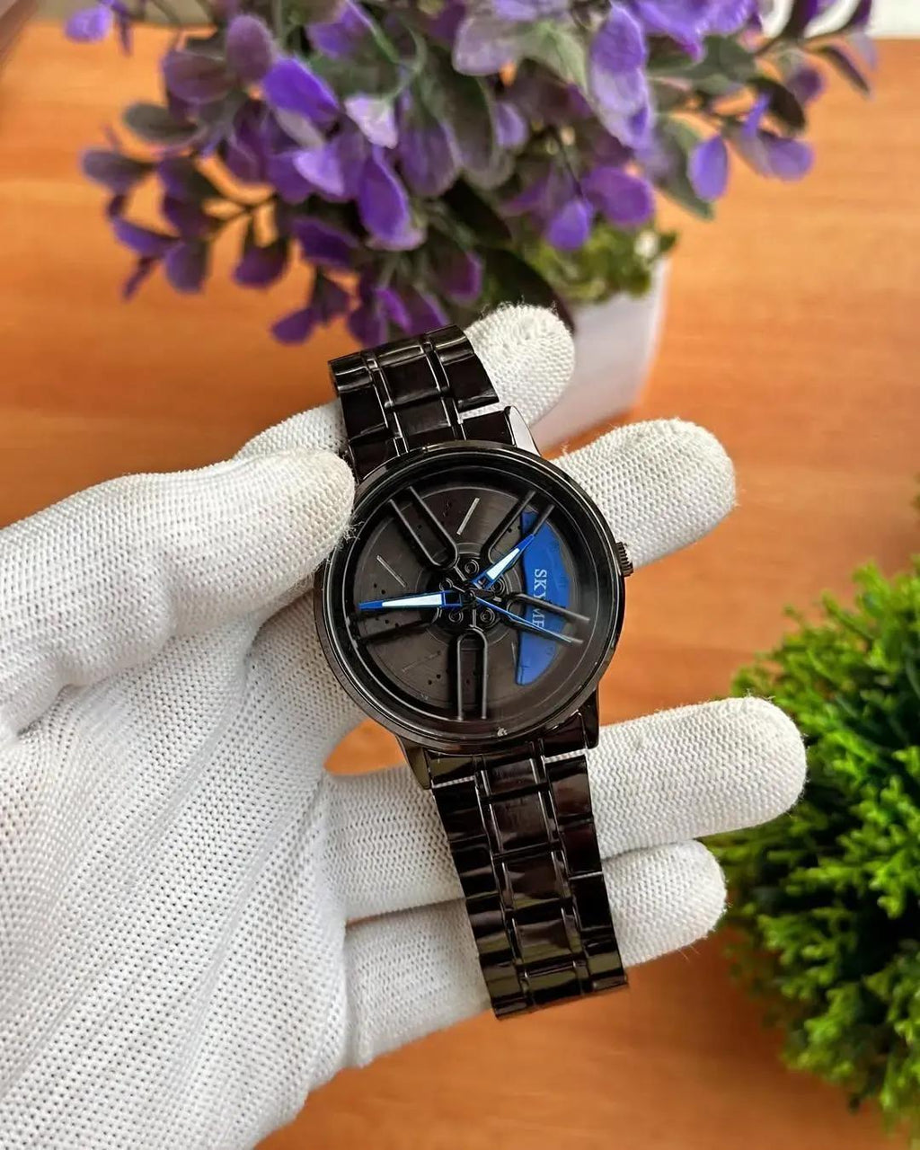 Men's Stainless Steel Spinning Watch Blue Dial Black Strap 30mm